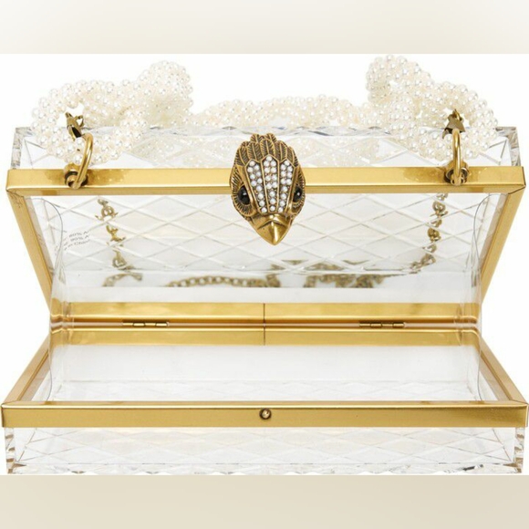 Kurt Geiger Clutch Bag Gold Clear Quilted Acrylic Pearl Handle - Picture 9 of 9